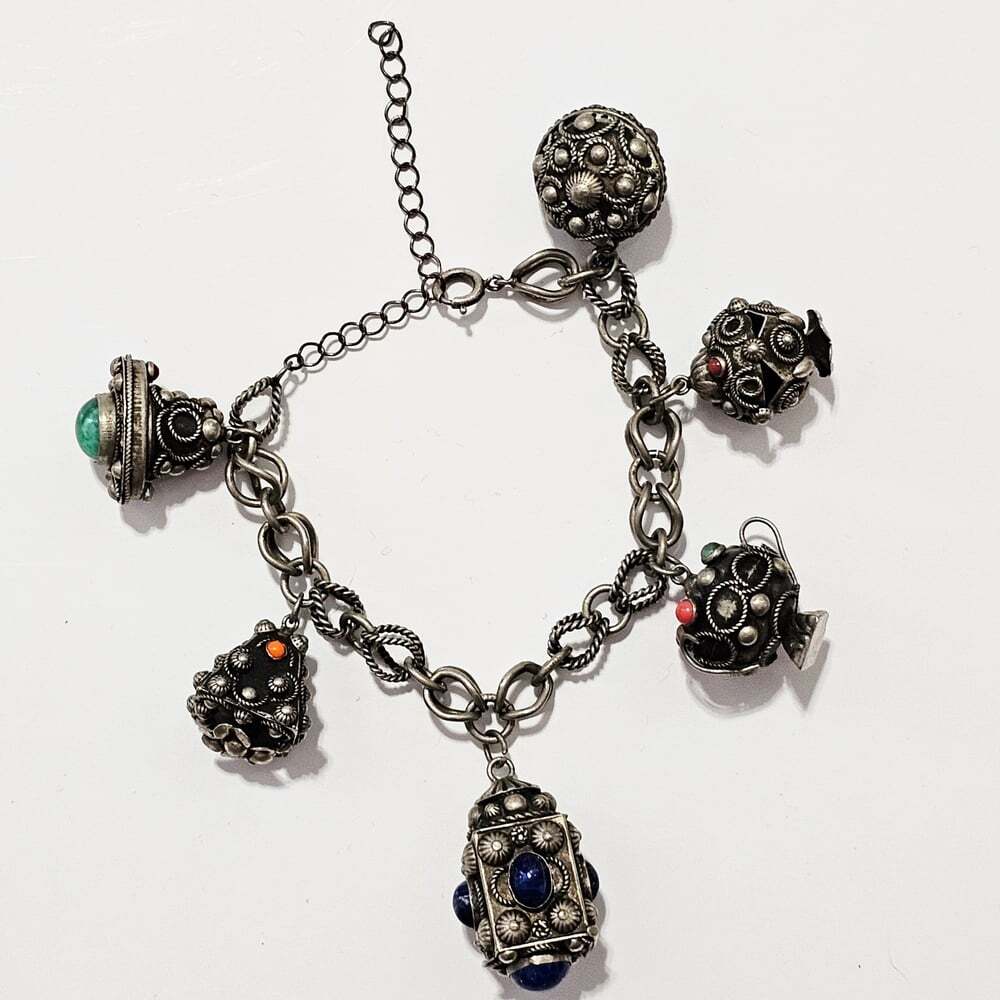 Vintage Silver Etruscian Revival Charm Bracelet